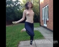 Wife topless rope skipping